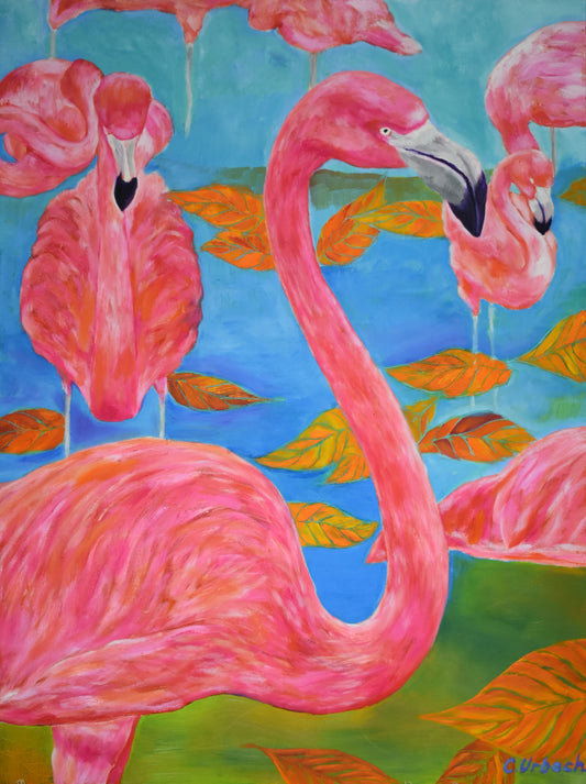 Flamingo Flourish, Oil on Gallery Canvas, 40x30 inches