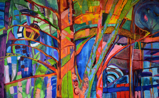 Shenkman Centre Trees, Oil on Gallery Canvas, 30x48 inches, circa 2022