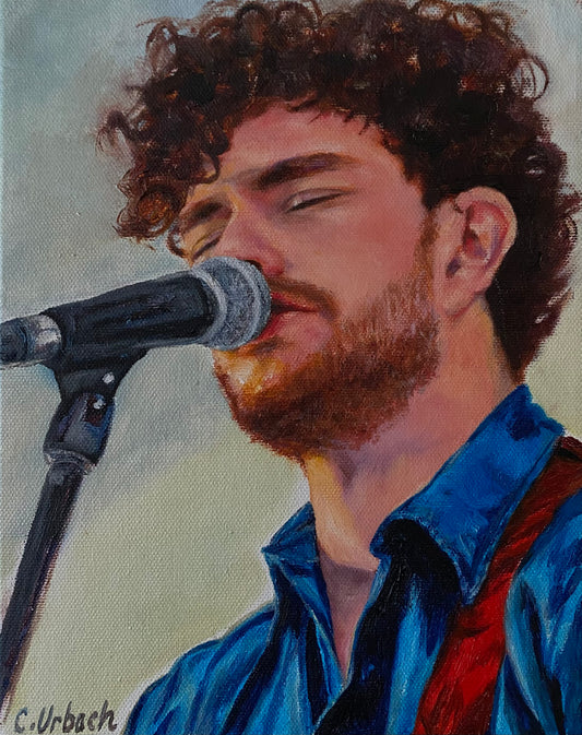 Vance Joy at the Microphone--Ottawa Folk Festival, Oil on Gallery Canvas, 10x8 inches